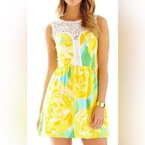 Beautiful Lilly Pulitzer Mila Yellow Floral Dress Lace 2‎ XS Colorful Preppy